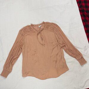 Joie Women’s Blush Pink Long Sleeve Peasant Blouse Size 1X Tie Neck Pleated Slee